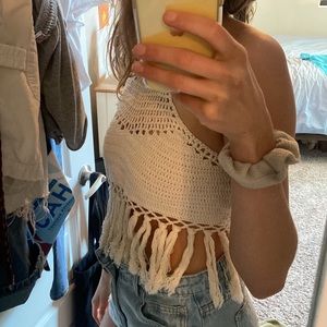 Off-white fringe crochet crop top
